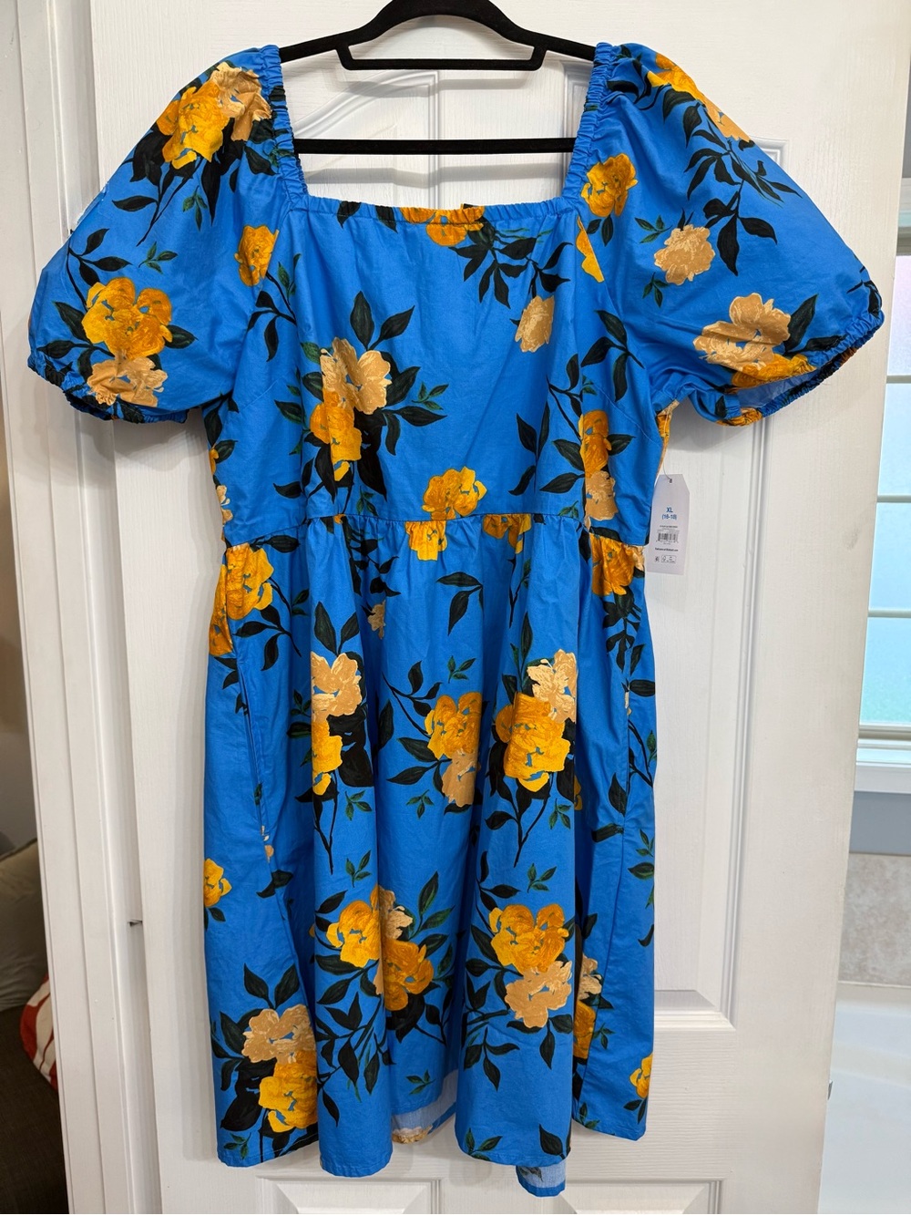 Blue Floral Puff Sleeve Mini Dress with Golden Yellow Flowers